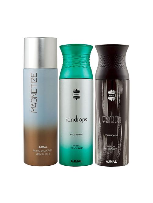 ajmal 1 magnetize for unisex, 1 raindrops for women and 1 carbon for men deodorants combo pack of 3 (total 600ml) + 3 testers - 17404430 - Very Small Image - 1
