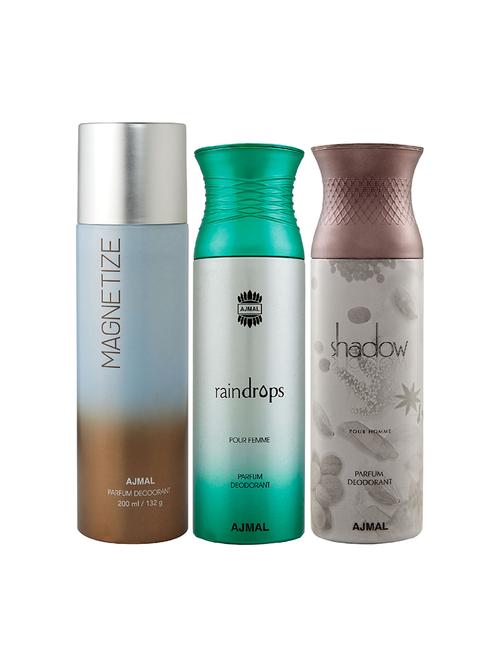 ajmal 1 magnetize for unisex, 1 raindrops for women, 1 shadow him for men deodorants combo pack of 3(total 600ml)+3 testers - 17404433 - Very Small Image - 1