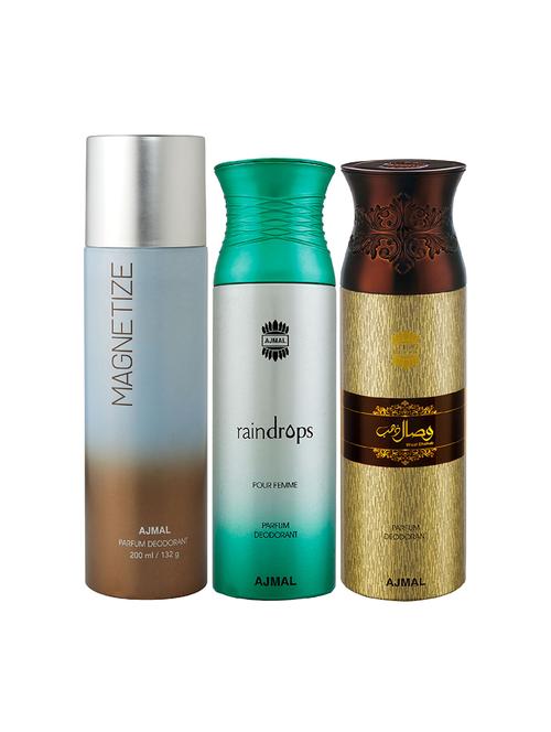ajmal 1 magnetize for unisex, 1 raindrops for women, 1 wisal dhahab for men deodorants combo pack of 3(total 600ml)+3 testers - 17404435 - Very Small Image - 1