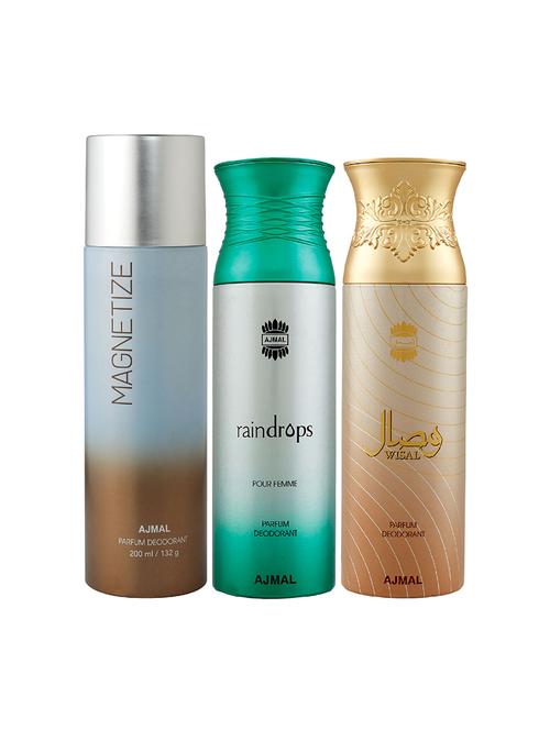 ajmal 1 magnetize for unisex, 1 raindrops for women and 1 wisal for women deodorants combo pack of 3(total 600ml)+3 testers - 17404436 - Very Small Image - 1