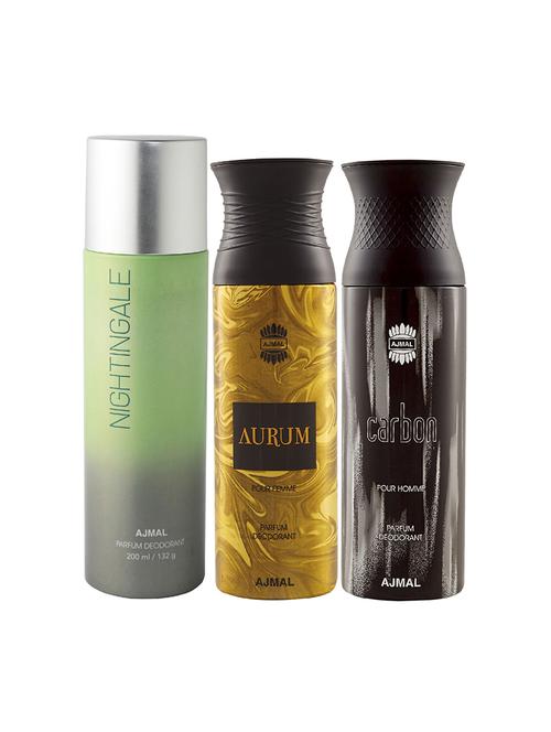 ajmal 1 nightingale for unisex, 1 aurum for women and 1 carbon for men deodorants combo pack of 3 (total 600ml) + 3 testers - 17404447 - Very Small Image - 1