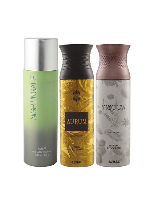 ajmal 1 nightingale for unisex, 1 aurum for women and 1 shadow him for men deodorants combo pack of 3(total 600ml)+3 testers - 17404450 - Very Small Image - 1