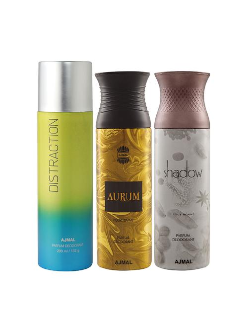 ajmal 1 distraction for unisex, 1 aurum for women and 1 shadow him for men deodorants combo pack of 3(total 600ml)+3 testers - 17404458 - Very Small Image - 1