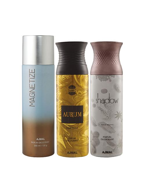 ajmal 1 magnetize for unisex, 1 aurum for women and 1 shadow him for men deodorants combo pack of 3 (total 600ml) + 3 testers - 17404466 - Very Small Image - 1