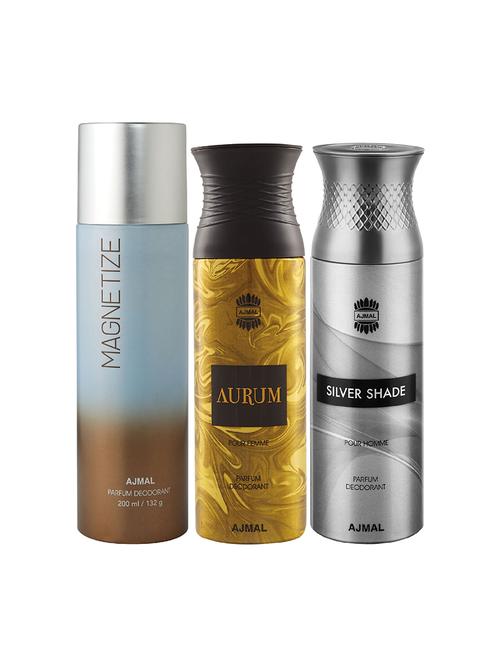 ajmal 1 magnetize for unisex, 1 aurum for women and 1 silver shade for men deodorants combo pack of 3(total 600ml)+3 testers - 17404467 - Very Small Image - 1