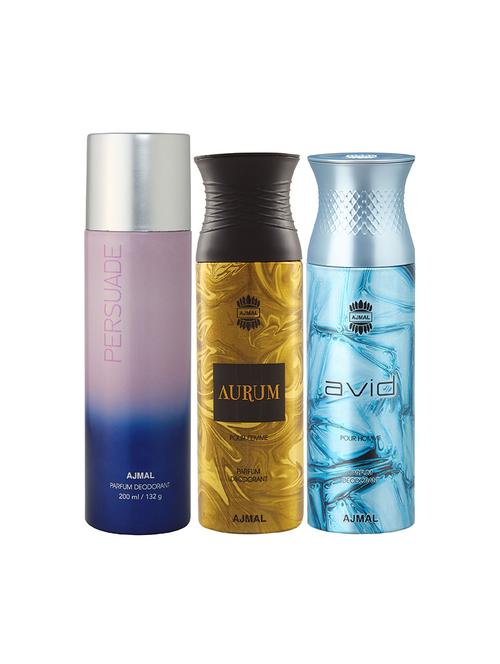 ajmal 1 persuade for unisex, 1 aurum femme for women and 1 avid for men deodorants combo pack of 3 (total 600ml) + 3 testers - 17404470 - Very Small Image - 1