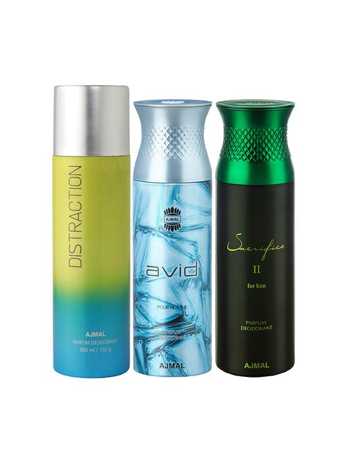 ajmal 1 distraction for unisex,1 ajmal avid for men,1 sacrifice ii for men deodorants combo pack of 3(total 600ml)+3 testers - 17404487 - Very Small Image - 1