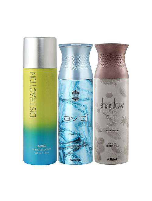 ajmal 1 distraction for unisex, 1 ajmal avid for men, 1 shadow him for men deodorants combo pack of 3(total 600ml)+3 testers - 17404488 - Very Small Image - 1