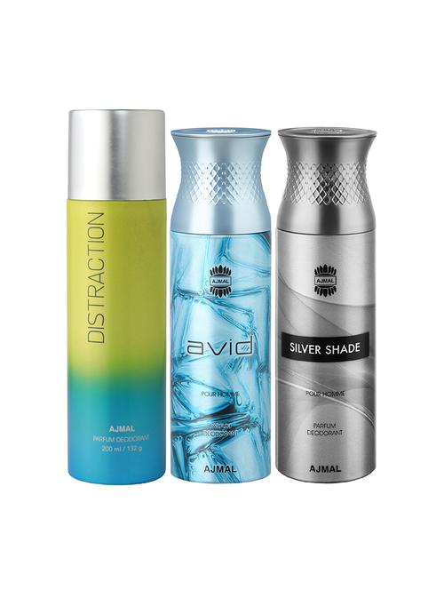 ajmal 1 distraction for unisex,1 ajmal avid for men,1 silver shade for men deodorants combo pack of 3(total 600ml)+3 testers - 17404489 - Very Small Image - 1