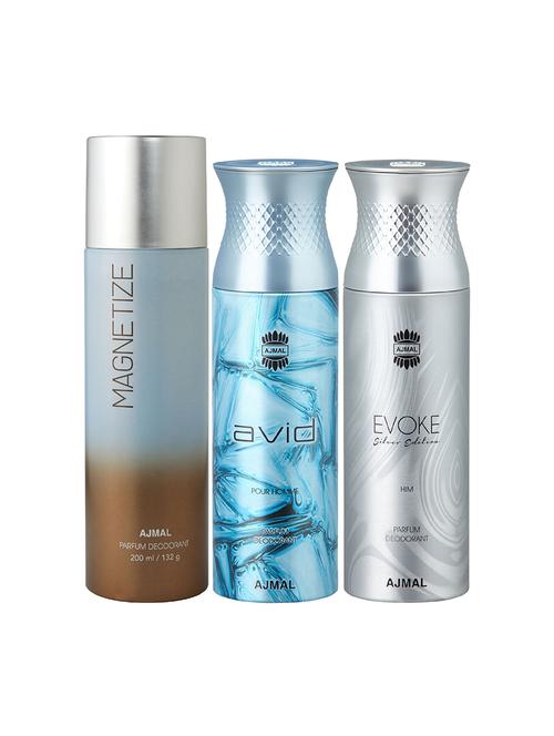 ajmal 1 magnetize for unisex, 1 ajmal avid for men, 1 evoke silver for men deodorants combo pack of 3(total 600ml)+3 testers - 17404493 - Very Small Image - 1
