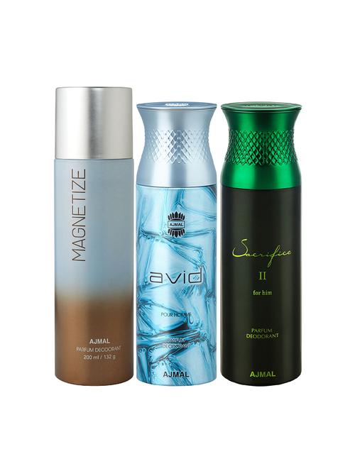 ajmal 1 magnetize for unisex, 1 ajmal avid for men, 1 sacrifice ii for men deodorants combo pack of 3(total 600ml)+3 testers - 17404494 - Very Small Image - 1