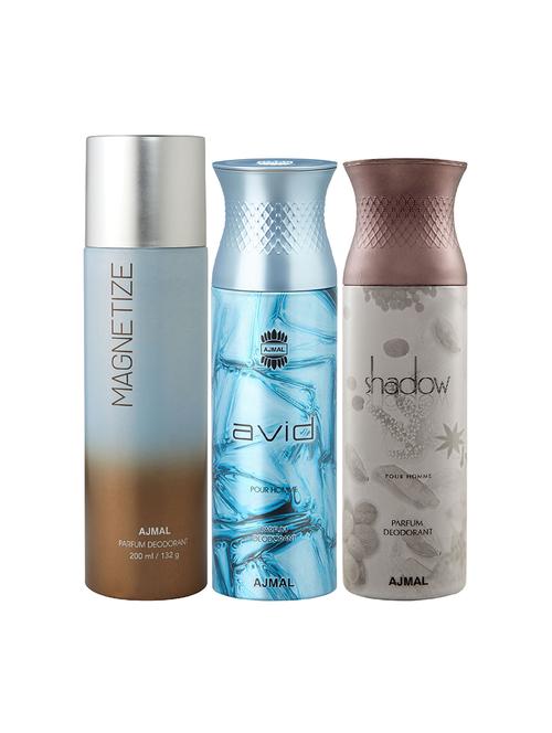 ajmal 1 magnetize for unisex, 1 ajmal avid for men, 1 shadow him for men deodorants combo pack of 3 (total 600ml) + 3 testers - 17404495 - Very Small Image - 1