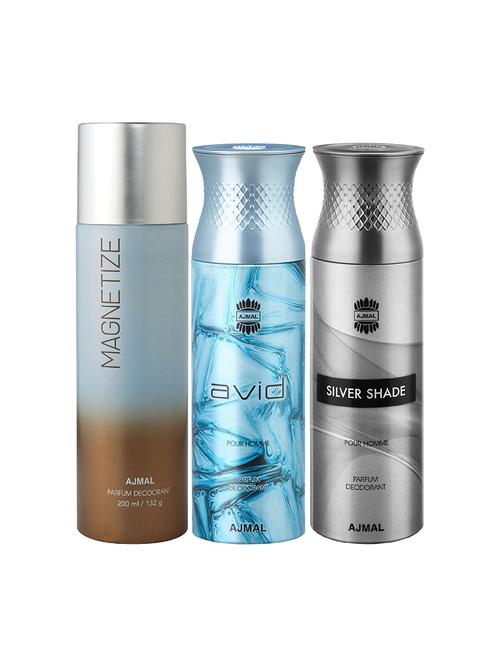 ajmal 1 magnetize for unisex, 1 ajmal avid for men, 1 silver shade for men deodorants combo pack of 3(total 600ml)+3 testers - 17404496 - Very Small Image - 1