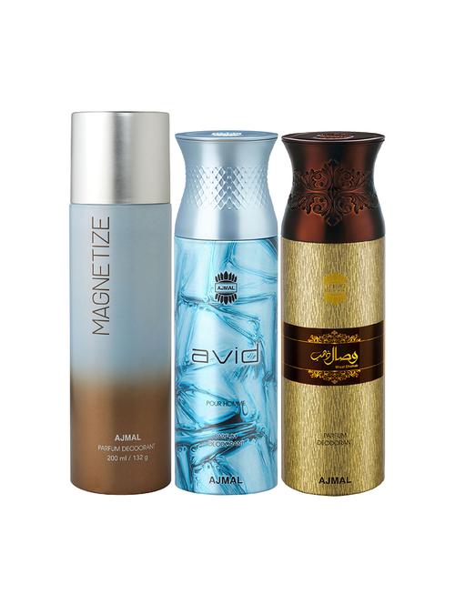 ajmal 1 magnetize for unisex, 1 ajmal avid for men, 1 wisal dhahab for men deodorants combo pack of 3(total 600ml)+3 testers - 17404497 - Very Small Image - 1