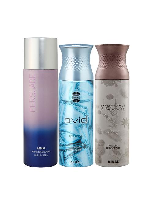 ajmal 1 persuade for unisex, 1 ajmal avid for men and 1 shadow him for men deodorants combo pack of 3(total 600ml)+3 testers - 17404502 - Very Small Image - 1