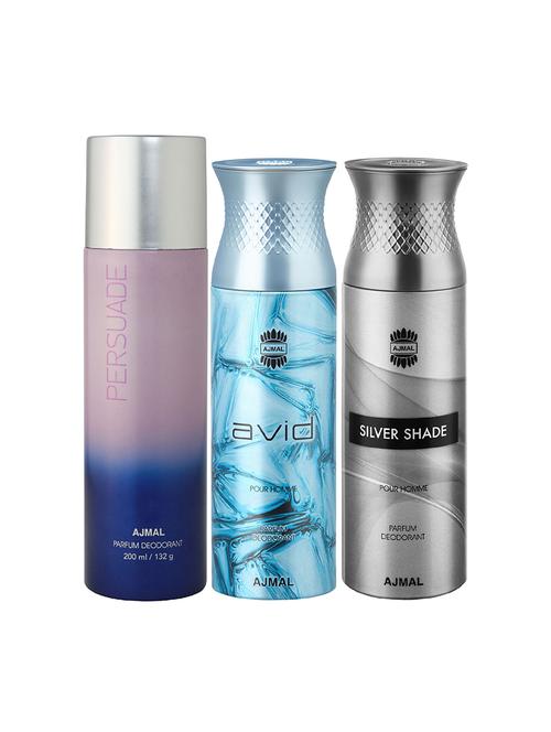 ajmal 1 persuade for unisex, 1 ajmal avid for men, 1 silver shade for men deodorants combo pack of 3(total 600ml)+3 testers - 17404503 - Very Small Image - 1