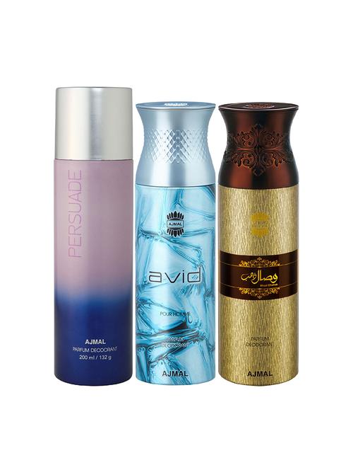 ajmal 1 persuade for unisex, 1 ajmal avid for men, 1 wisal dhahab for men deodorants combo pack of 3(total 600ml)+3 testers - 17404504 - Very Small Image - 1