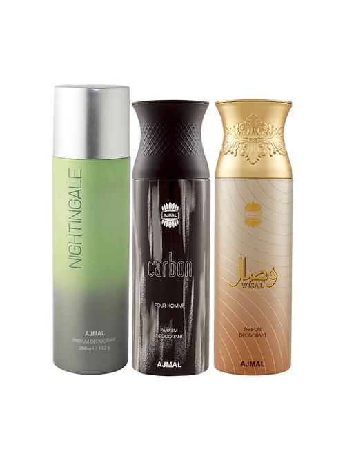 ajmal 1 nightingale for unisex, 1 ajmal carbon for men, 1 wisal for women deodorants combo pack of 3(total 600ml)+3 testers - 17404511 - Very Small Image - 1