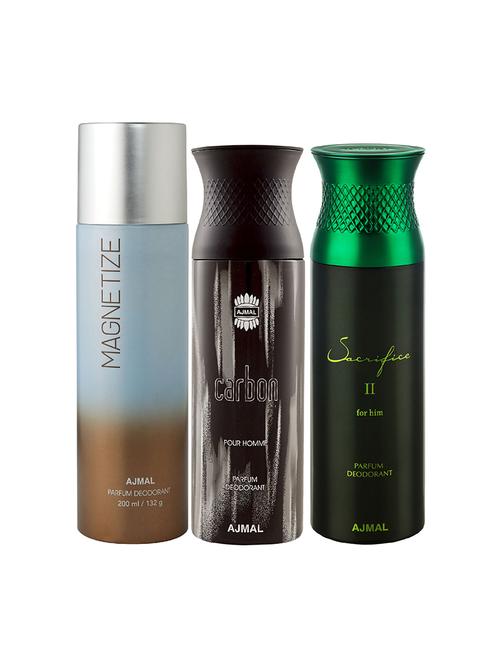 ajmal 1 magnetize for unisex,1 ajmal carbon for men,1 sacrifice ii for men deodorants combo pack of 3(total 600ml)+3 testers - 17404519 - Very Small Image - 1