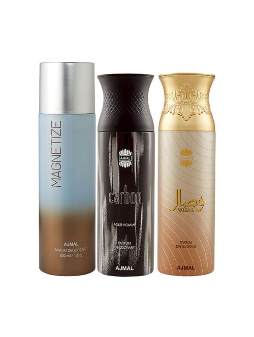 ajmal 1 magnetize for unisex, 1 ajmal carbon for men and 1 wisal for women deodorants combo pack of 3(total 600ml)+3 testers - 17404523 - Very Small Image - 1