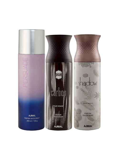 ajmal 1 persuade for unisex, 1 ajmal carbon for men, 1 shadow him for men deodorants combo pack of 3(total 600ml)+3 testers - 17404526 - Very Small Image - 1