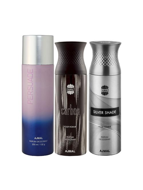 ajmal 1 persuade for unisex, 1 ajmal carbon for men, 1 silver shade for men deodorants combo pack of 3(total 600ml)+3 testers - 17404527 - Very Small Image - 1
