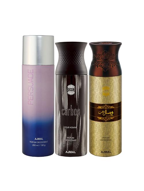ajmal 1 persuade for unisex, 1 ajmal carbon for men, 1 wisal dhahab for men deodorants combo pack of 3(total 600ml)+3 testers - 17404528 - Very Small Image - 1