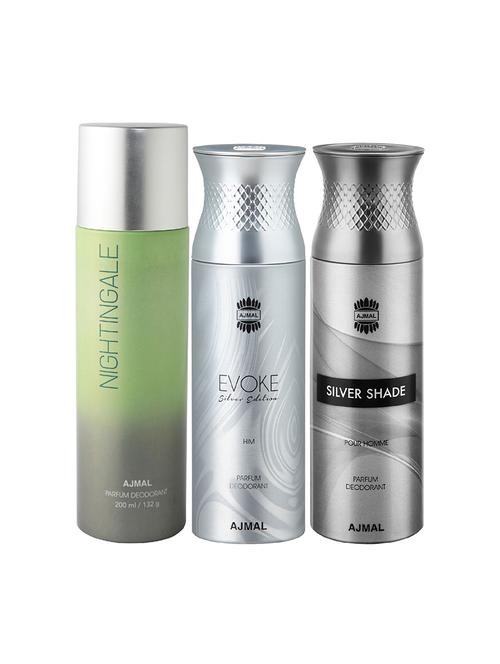 ajmal 1 nightingale for unisex,1 ajmal evoke silver ,1 silver shade for men combo pack of 3 deos(total 600ml)+3 testers - 17404532 - Very Small Image - 1