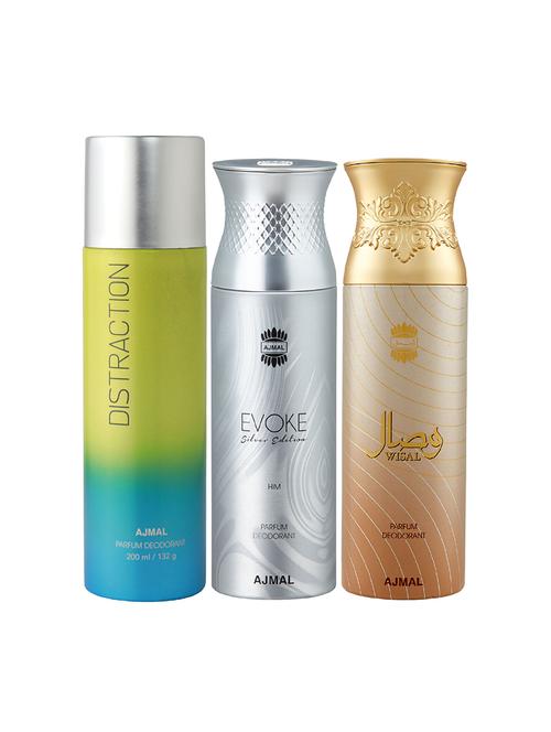 ajmal 1 distraction for unisex,1 ajmal evoke silver for men,1 wisal for women combo pack of 3 deos(total 600ml)+3 testers - 17404539 - Very Small Image - 1