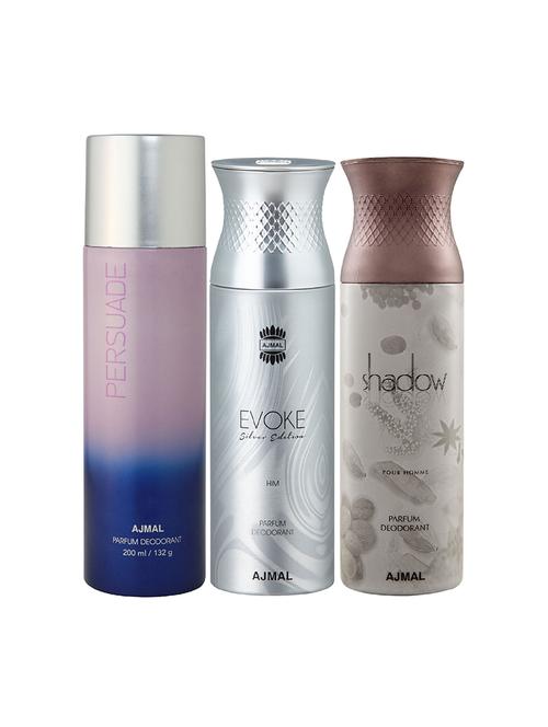 ajmal 1 persuade for unisex,1 ajmal evoke silver for men,1 shadow him for men combo pack of 3 deos(total 600ml)+3 testers - 17404546 - Very Small Image - 1