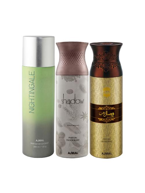 ajmal 1 nightingale for unisex,1 ajmal shadow for men,1 wisal dhahab for men deodorant combo pack of 3(total 600ml)+3 testers - 17404567 - Very Small Image - 1