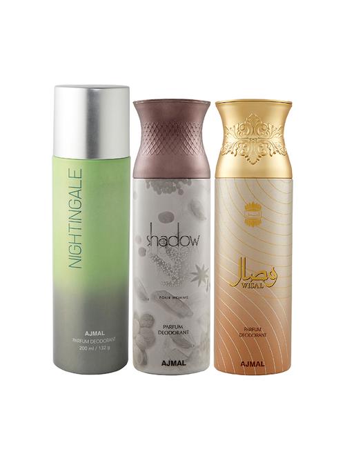 ajmal 1 nightingale for unisex, 1 ajmal shadow for men, 1 wisal for women deodorants combo pack of 3(total 600ml)+3 testers - 17404568 - Very Small Image - 1