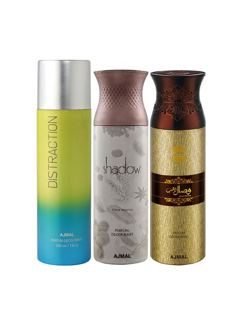 ajmal 1 distraction for unisex,1 ajmal shadow for men,1 wisal dhahab for men deodorant combo pack of 3(total 600ml)+3 testers - 17404570 - Very Small Image - 1
