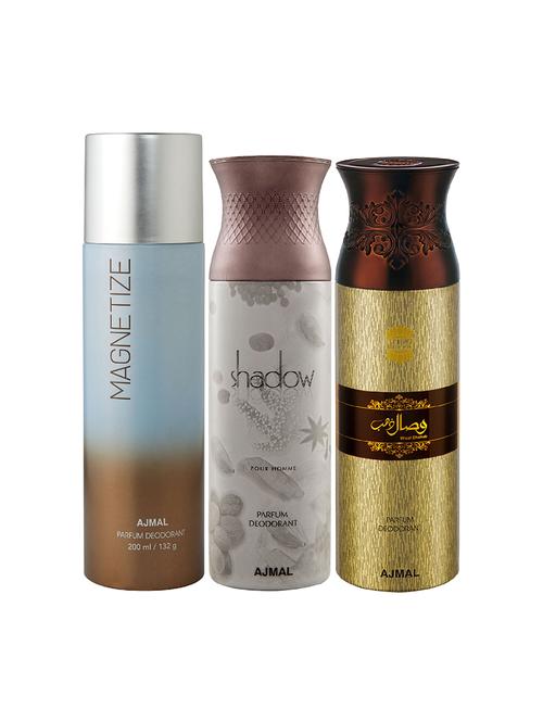 ajmal 1 magnetize for unisex,1 ajmal shadow for men,1 wisal dhahab for men deodorants combo pack of 3(total 600ml)+3 testers - 17404573 - Very Small Image - 1