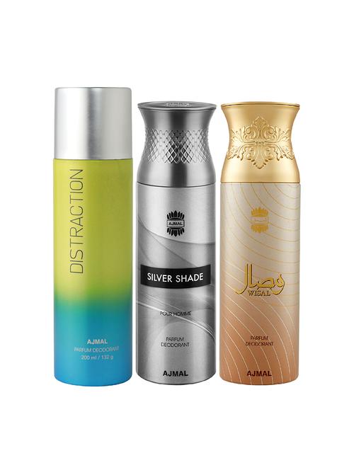 ajmal 1 distraction for unisex,1 silver shade for men,1 wisal for women deodorants combo pack of 3(total 600ml)+3 testers - 17404581 - Very Small Image - 1