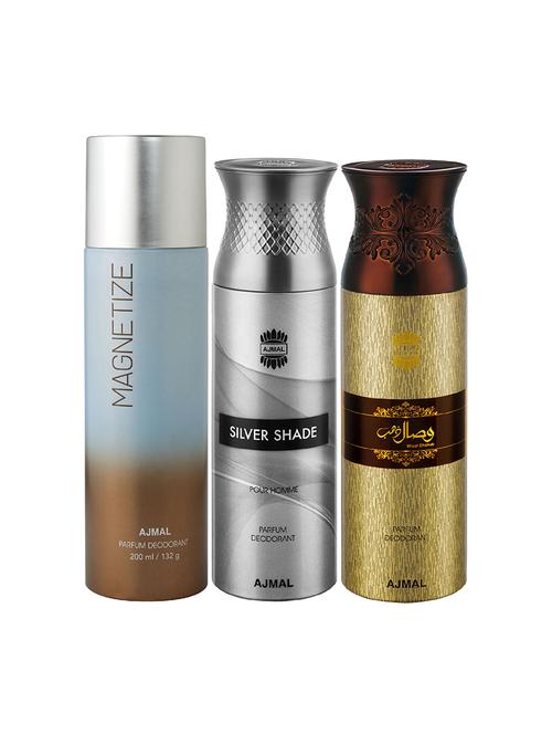 ajmal 1 magnetize for unisex,1 silver shade for men,1 wisal dhahab for men deodorants combo pack of 3(total 600ml)+3 testers - 17404582 - Very Small Image - 1