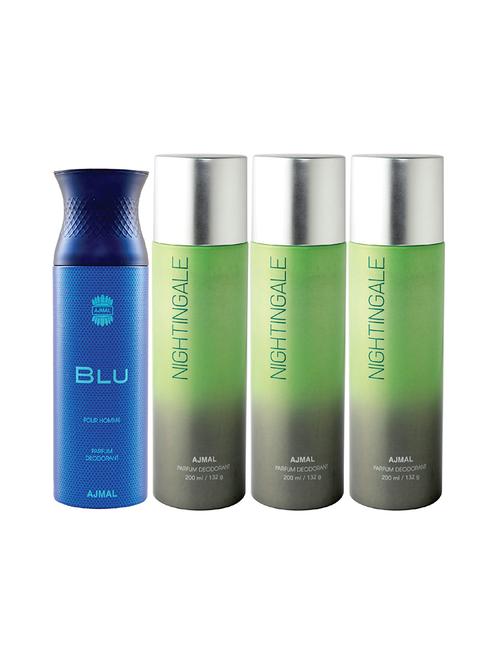 ajmal 1 blu homme for men and 3 nightingale for unisex deodorants each 200ml combo pack of 4 (total 800ml) + 3 testers - 17404591 - Very Small Image - 1