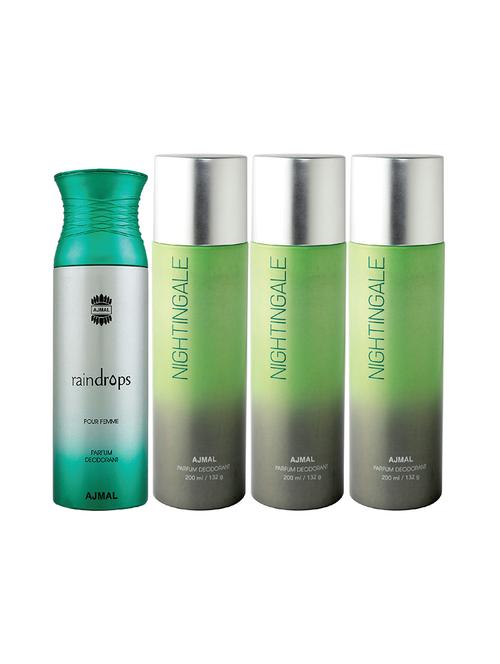 ajmal 1 raindrops femme for women and 3 nightingale for unisex deodorants combo pack of 4 (total 800ml) + 3 testers - 17404592 - Very Small Image - 1