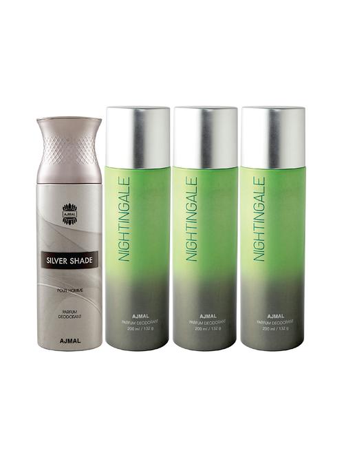 ajmal 1 silver shade for men and 3 nightingale for unisex deodorants each 200ml combo pack of 4 (total 800ml) + 3 testers - 17404599 - Very Small Image - 1