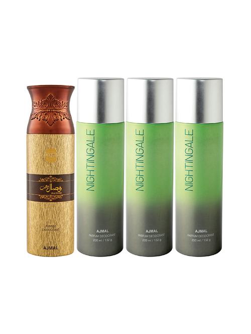 ajmal 1 wisal dhahab for men and 3 nightingale for unisex deodorants each 200ml combo pack of 4 (total 800ml) + 3 testers - 17404600 - Very Small Image - 1