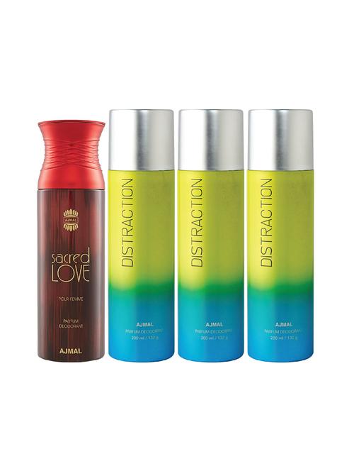 ajmal 1 sacred love for women and 3 distraction for unisex deodorants each 200ml combo pack of 4 (total 800ml) + 3 testers - 17404602 - Very Small Image - 1