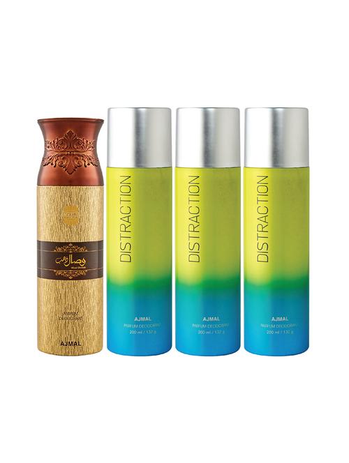 ajmal 1 wisal dhahab for men and 3 distraction for unisex deodorants each 200ml combo pack of 4 (total 800ml) + 3 testers - 17404612 - Very Small Image - 1