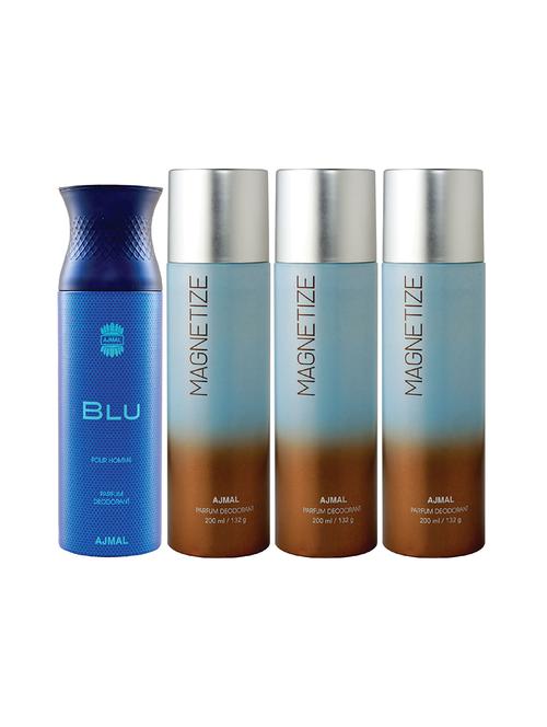 ajmal 1 blu homme for men and 3 magnetize for unisex deodorants each 200ml combo pack of 4 (total 800ml) + 3 parfum testers - 17404615 - Very Small Image - 1
