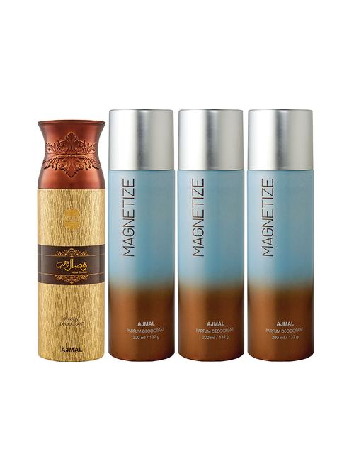 ajmal 1 wisal dhahab for men and 3 magnetize for unisex deodorants each 200ml combo pack of 4 (total 800ml) + 3 testers - 17404624 - Very Small Image - 1