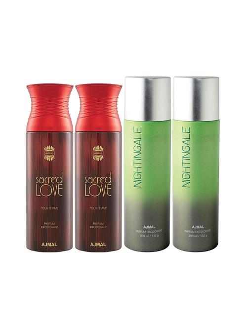 ajmal 2 sacred love for women and 2 nightingale for unisex deodorants each 200ml combo pack of 4 (total 800ml) + 3 testers - 17404638 - Very Small Image - 1