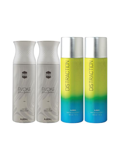 ajmal 2 evoke silver for him for men and 2 distraction for unisex deodorants combo pack of 4 (total 800ml) + 3 testers - 17404656 - Very Small Image - 1