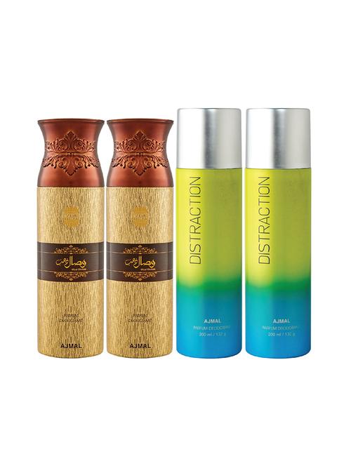 ajmal 2 wisal dhahab for men and 2 distraction for unisex deodorants each 200ml combo pack of 4 (total 800ml) + 3 testers - 17404660 - Very Small Image - 1