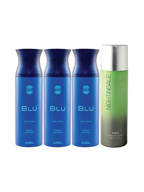 ajmal 3 blu homme for men and 1 nightingale for unisex deodorants each 200ml combo pack of 4 (total 800ml) + 3 testers - 17404687 - Very Small Image - 1