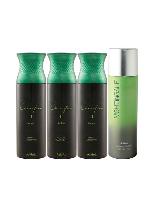 ajmal 3 sacrifice ii for him for men and 1 nightingale for unisex deodorants combo pack of 4 (total 800ml) + 3 testers - 17404693 - Very Small Image - 1