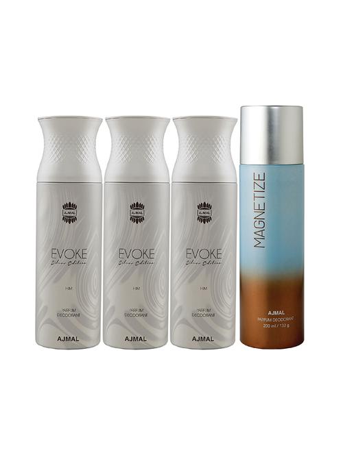 ajmal 3 evoke silver edition for him for men and 1 magnetize for unisex deodorants combo pack of 4 (total 800ml) + 3 testers - 17404716 - Very Small Image - 1
